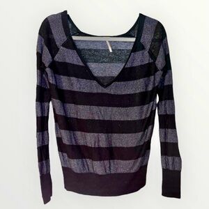 Free People Metallic Blue Lightweight Slouchy Striped V-neck Sweater Medium